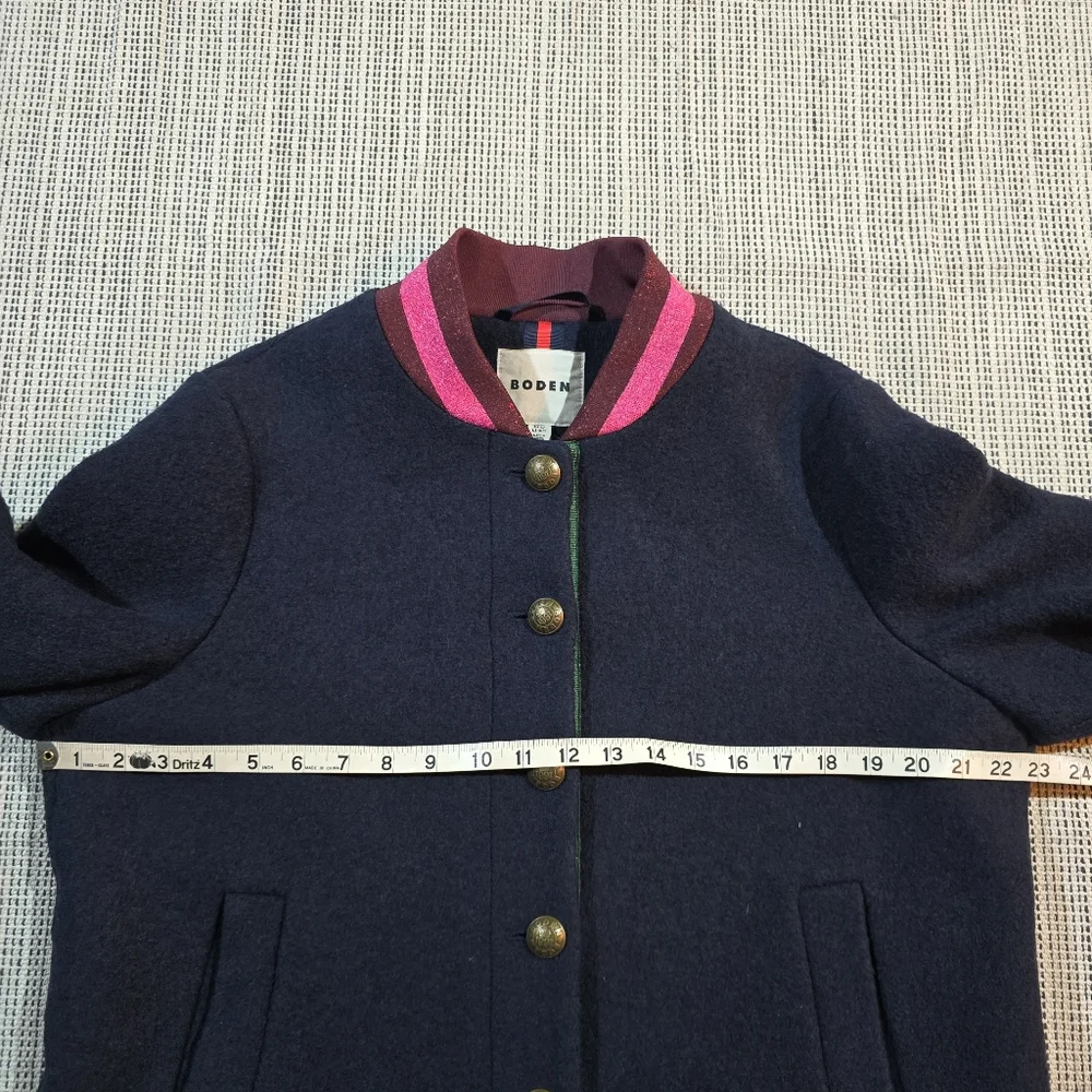 Boden Navy Boiled Wool Blend Bomber Jacket Sz 16 Preppy Academia Back To School - Picture 13 of 14